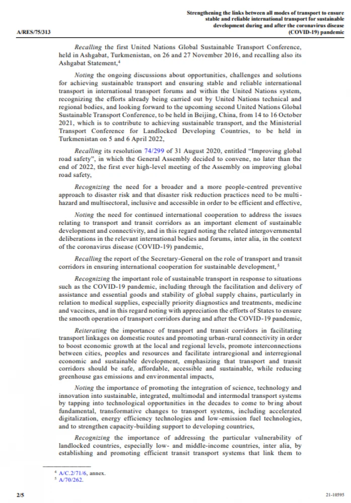 75/313. Strengthening the links between all modes of transport to ensure  stable and reliable international transport for sustainable development during and after the coronavirus disease (COVID-19) pandemic