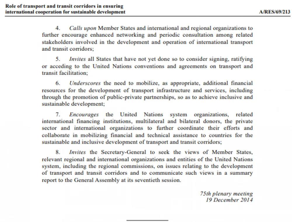 69/213. Role of transport and transit corridors in ensuring  international cooperation for sustainable development