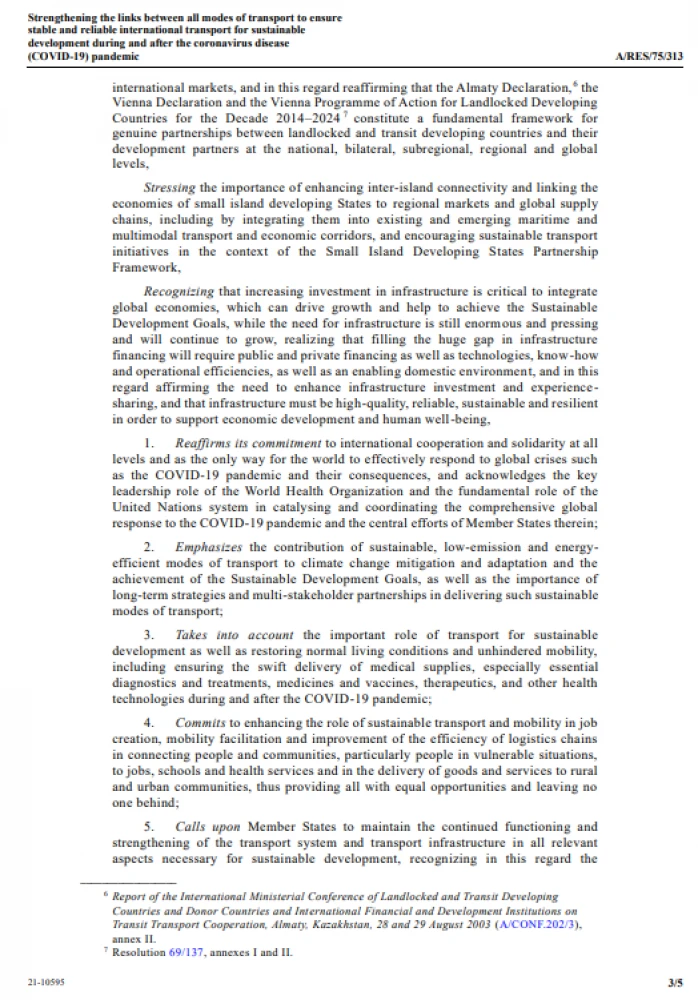 75/313. Strengthening the links between all modes of transport to ensure  stable and reliable international transport for sustainable development during and after the coronavirus disease (COVID-19) pandemic