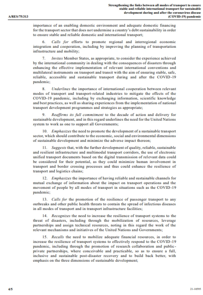 75/313. Strengthening the links between all modes of transport to ensure  stable and reliable international transport for sustainable development during and after the coronavirus disease (COVID-19) pandemic