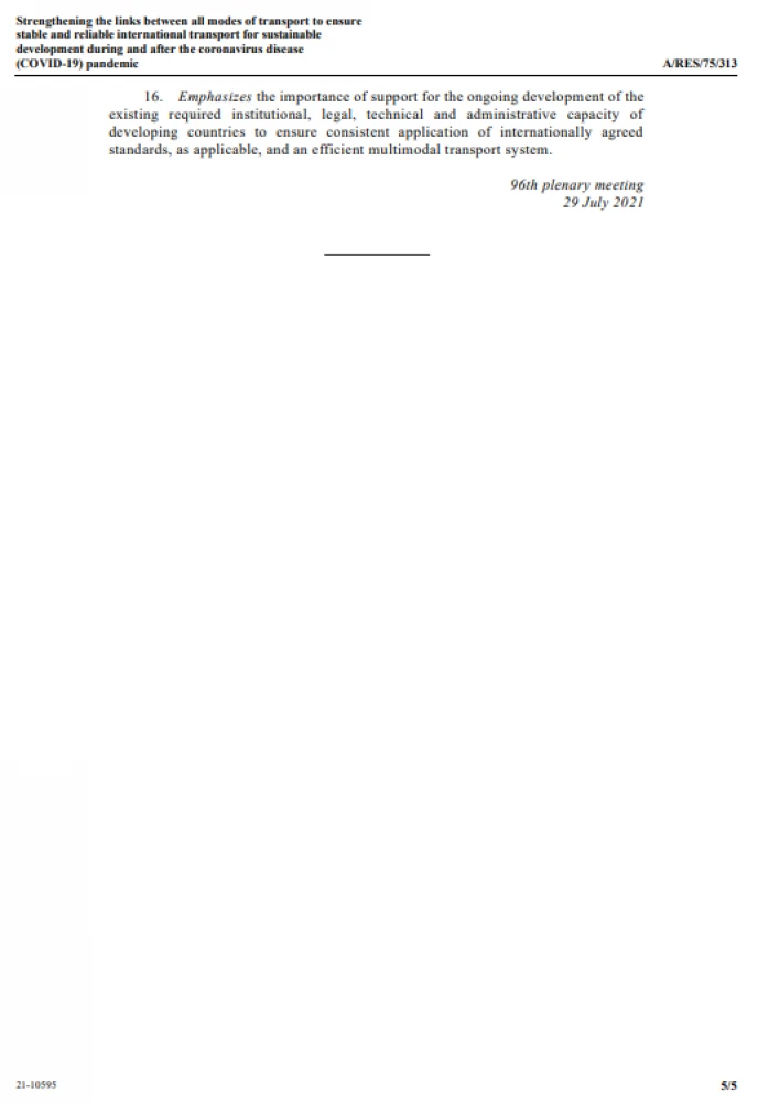 75/313. Strengthening the links between all modes of transport to ensure  stable and reliable international transport for sustainable development during and after the coronavirus disease (COVID-19) pandemic